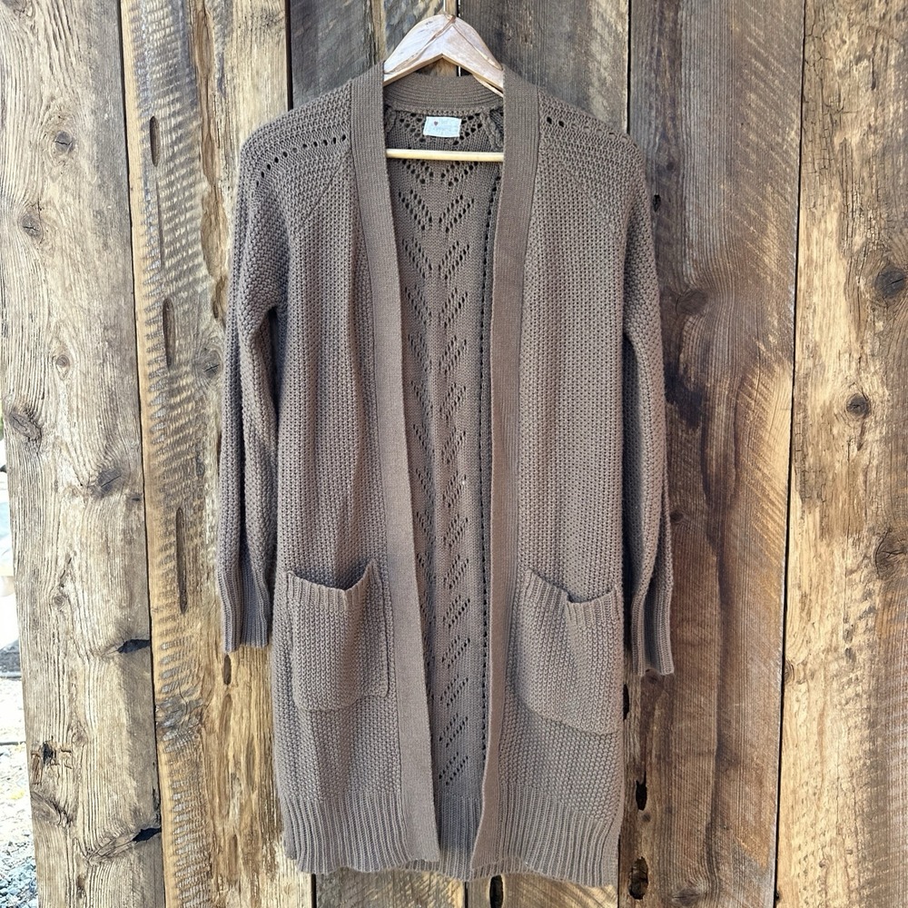 Granola Taupe Knit Cardigan M Cottagecore Boho Cozy Earthy Longline Janis Joplin